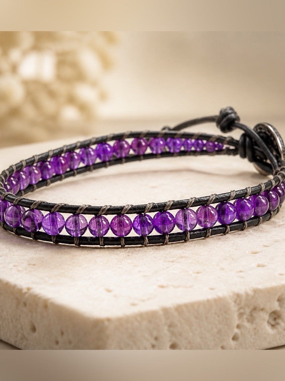 Lulu Dharma Genuine Purple Fluorite Amethyst Leather Single Wrap Bracelet